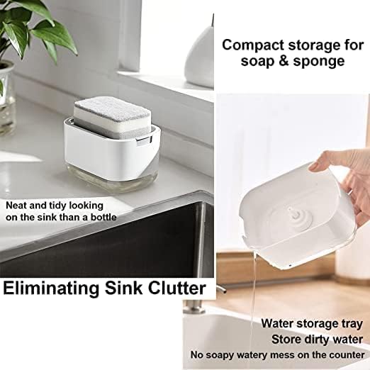 Soap Detergent Dispenser, 2-in-1 Pump, Sponge Holder Rack Shelf, Countertop Caddy, Dishwashing Hand Soap Dispenser for Kitchen, Bathroom, Liquid Hand Pump Dispenser (Sponge Included) - White