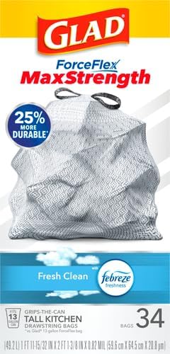 Glad ForceFlex MaxStrength Kitchen Trash Bags, 13 Gal, Fresh Clean Febreze, 34 Ct (Package May Vary) (Pack of 2)