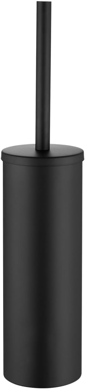 Freestanding Toilet Bowl Brush and Holder - Black Toilet Brush Round Metal, Stainless Steel Toilet Brush Set with Removable Inner Bucket and Splash Guard Cover - Dense bristles (with Brush Handle)
