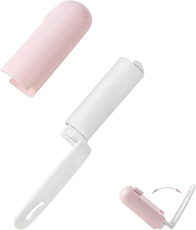 Mini Lint Roller Travel Size Cute Folding Lint Remover for Pet Hair Small Sticky Roller with Cover for Purse On the Go Lint Roller (Pink)