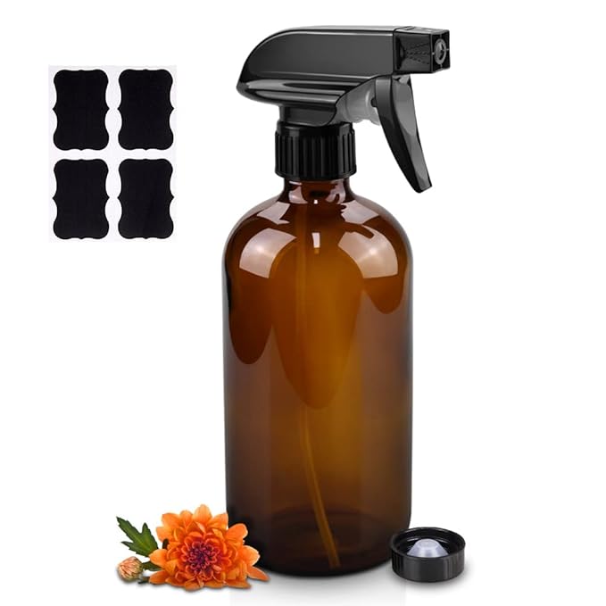 Worldgsb Glass Spray Bottles, 16oz Amber Glass Spray Bottles with Labels & Adjustable Nozzle, Reusable Containers for Cleaning, BBQ, Food, Plants, Alcohol, Essential Oils(1 Pack)