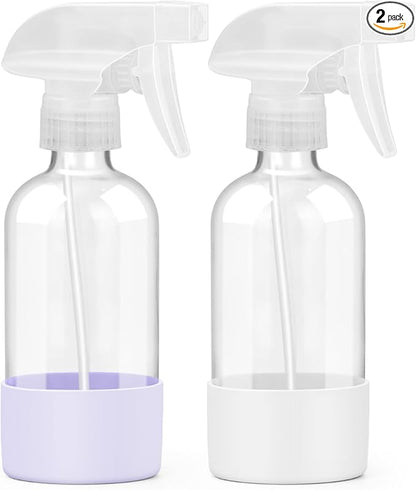 Worldgsb 2 Pack Glass Spray Bottles 8 oz, Empty Refillable Containers with Silicone Sleeve Protection, Glass Spray Bottles for Cleaning Solutions, Hair and Plants with Adjustable Nozzles White&Purple