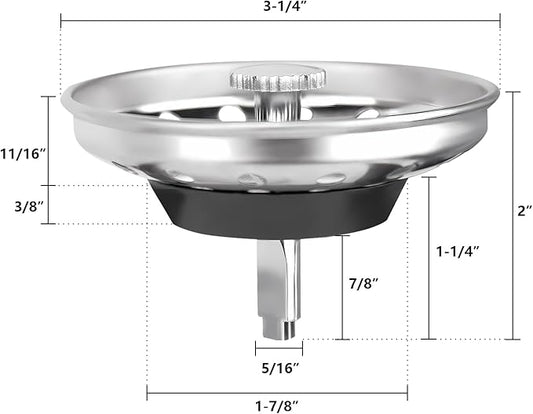 Uni-Green - 2 Pack - Kitchen Sink Strainer and Stopper Kit Basket - Replacement for US Standard 3-1/2 Inch Kitchen Sink Drain - 304 Stainless Steel Basket with Knob - Rubber Sink Stopper Bottom