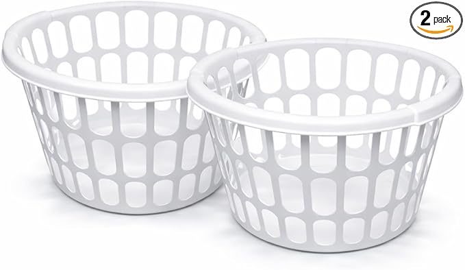 2 Pack 1 Bushel Round Laundry Baskets, White Plastic Clothes Hamper with Ventilated Design and Built-In Handles, Lightweight Household Organizer