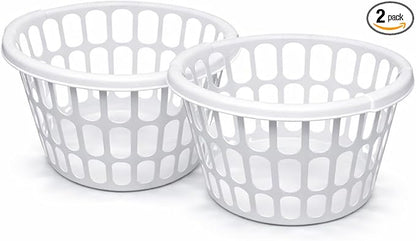 2 Pack 1 Bushel Round Laundry Baskets, White Plastic Clothes Hamper with Ventilated Design and Built-In Handles, Lightweight Household Organizer