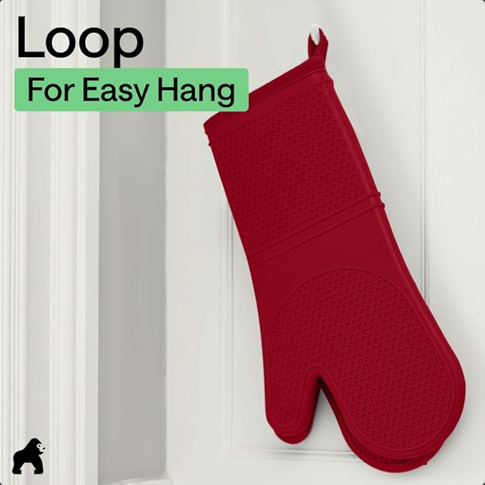 GORILLA GRIP BPA-Free Soft Silicone Oven Mitts, 14.5x8.3, Heat Resistant and Waterproof Cooking Gloves, Thick Cotton Lining, Flexible Gripping for Baking Grilling, Kitchen Potholders Set of 2, Red