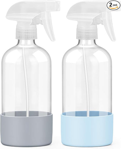 Worldgsb 2 Pack Glass Spray Bottles with Silicone Sleeve, 16 oz Empty Refillable Containers with Adjustable Spray Nozzles, Spray Bottles for Hair, Cleaning Solutions and Plants Blue&Grey