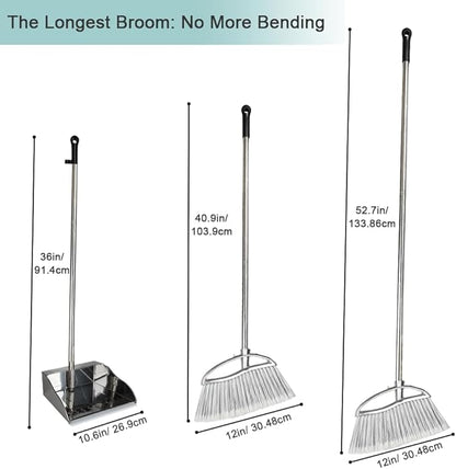 Metal Dustpan and Heavy Duty Broom Set, Stand Up Dustpan with Outdoor Stiff Bristles Broom for Hardwood Patio Room Office Floor Sweeping