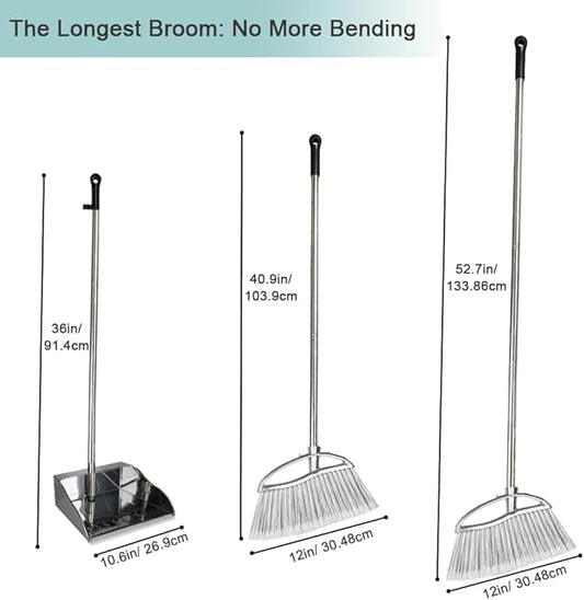 Metal Dustpan and Heavy Duty Broom Set, Stand Up Dustpan with Outdoor Stiff Bristles Broom for Hardwood Patio Room Office Floor Sweeping