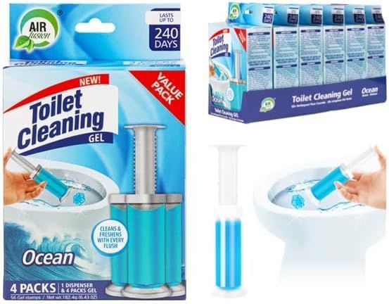 Toilet Cleaning Gel Ocean Scent. Pack of 4 (6.43oz) with 56 Gel Stamps for Continuous Toilet Cleaning, Deodorizing & Fruity Freshness.