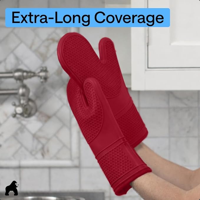 GORILLA GRIP BPA-Free Soft Silicone Oven Mitts, 14.5x8.3, Heat Resistant and Waterproof Cooking Gloves, Thick Cotton Lining, Flexible Gripping for Baking Grilling, Kitchen Potholders Set of 2, Red