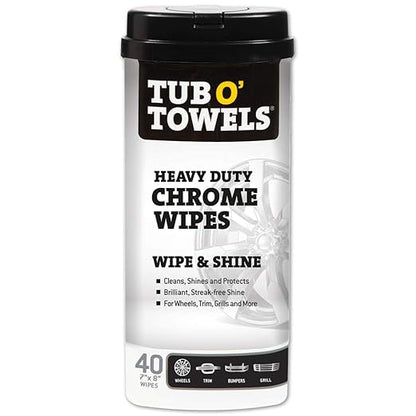 Tub O’ Towels Heavy Duty Chrome Wipes - Clean, Shine & Protect Chrome, Aluminum, Copper, and Brass Surfaces - Oil-Based Polishing Wipes - Resists Streaks & Fingerprints - 40 Count for Auto Detailing