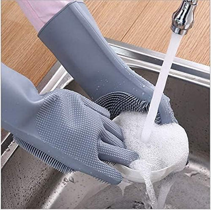 Silicone Dishwashing Gloves, Pet Grooming Rubber Scrubbing for Dishes, Sponge Wash Cleaning with Scrubbers (13.6" L)