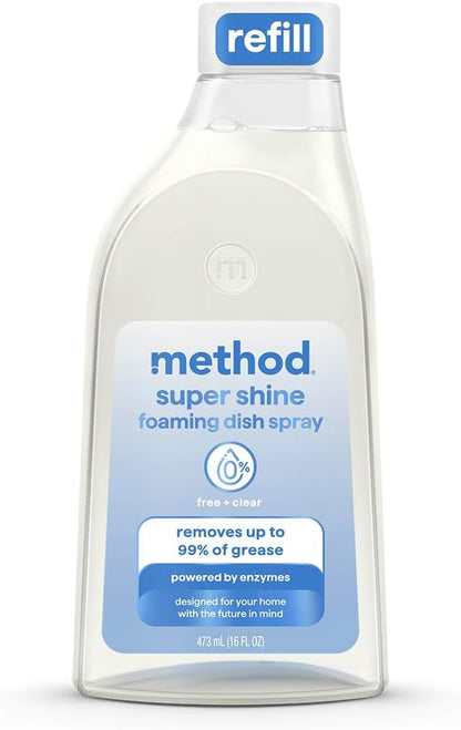 Method Super Shine Foaming Dish Spray Refill, Reuse With Trigger, Powered by Enzymes, Free + Clear, Unscented, 16 fl oz