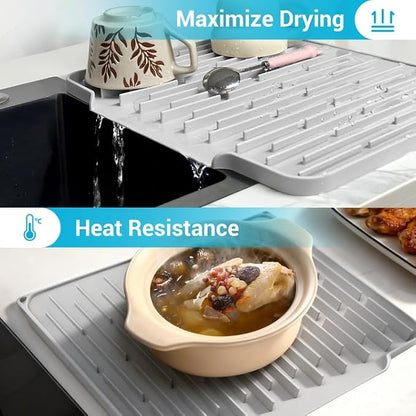Silicone Dish Drying Mat for Kitchen Counter, Foldable & Heat Resistant Drying Pad with 5° Slope & Wide Drain, 15x12 Inch Non-slip Sink Mat for Bathroom and Countertop.(Light Grey）