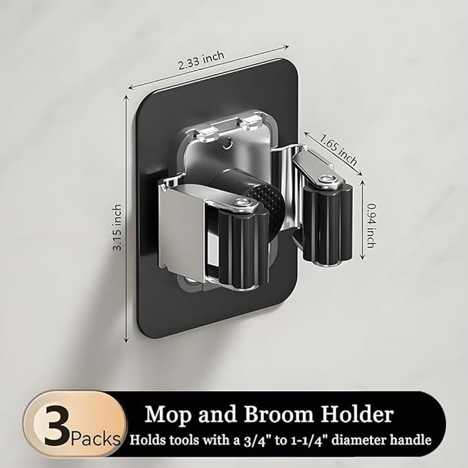 Consss 3 Pack Broom Holder Wall Mount & Mop Wall Mount Organizer, No Drilling Self-Adhesive Anti-Slip Grippers for Kitchen Laundry Garden,Black