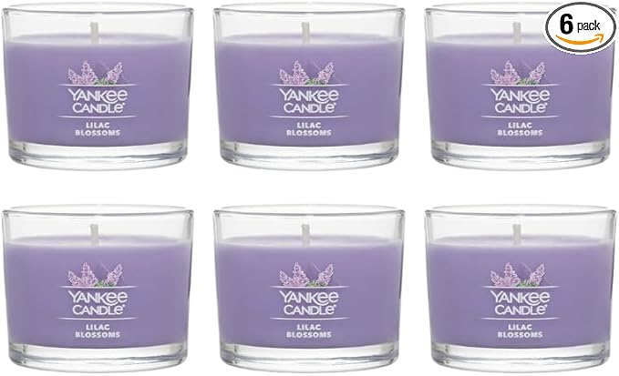 Yankee Candle Lilac Blossoms Scented Votive Candles, Floral Home Fragrance for Ambience, Premium Soy Wax Blend with Natural Fiber Wicks, Small Glass Jar Design, 1.3 Ounce (Pack of 6)