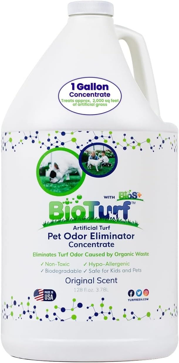 BioTurf BioS+ Artificial Turf Grass Concentrate Enzyme Cleaner and Pet Odor Eliminator - Removes Odors and Sanitizes - Organic, Safe, Environmentally Responsible (1 Gallon) - Original Scent