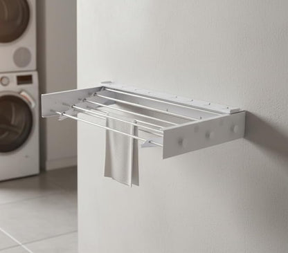 Wall Mounted Clothes Drying Rack, 32" Space Saving Foldable Laundry Drying Rack with Wall Template for Bathroom, Apartment, College Dorm (White Shelf with 5 Rods and 6 Hooks)