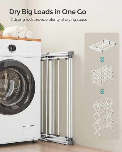 SONGMICS Foldable Clothes Drying Rack, Laundry Drying Rack, Clothes Airer, Steel Frame, 14.6 x 29.5 x 53.2 Inches, Easy Assembly, Indoor Outdoor Use, White ULLR770W01