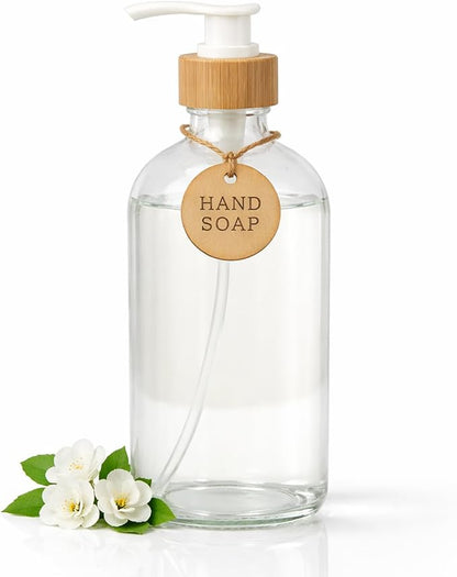 SAVVY & SORTED Glass Hand Soap Dispenser Bathroom, Dish Soap Dispenser for Kitchen Sink, Refillable Clear Glass Bottles with White Bamboo Pump for Liquid Hand Wash, 17 Fl Oz / 500 ml