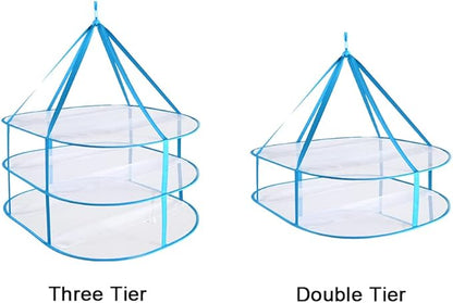 2-Tier Folded Mesh Clothes Drying Rack, Stackable Sweater Laundry Drying Rack, Foldable Hanging Mesh Dryer, Portable Hanging Laundry Rack for T-Shirt, Swimsuit, Underwear (Blue, 30.7"x24"x23.6")