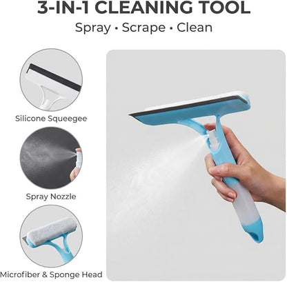 2 Pack 3 in 1 Window Cleaning Scraper, Window Squeegee with Sprayer, Window Squeegee Cleaner Tool with Built-in Spray Bottle for Car Windows Mirrors Shower Glass Bathroom Tiles Home Kitchen Flooring