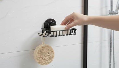 Soap Dish for Shower Suction Cup Powerful Vacuum System Rustproof 304 Stainless Steel Basket Sponges Holder with Razor Hooks for Bathroom or Kitchen Soap Holder (Black)