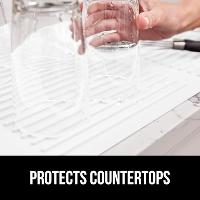GORILLA GRIP 100% BPA-Free Patented Silicone Dish Drying Mat for Kitchen Counter, Water Catching Ribbed Design, Easy Clean Waterproof Sink Liner, Heat Resistant, Fits Under Rack, 11x13 Inch, White