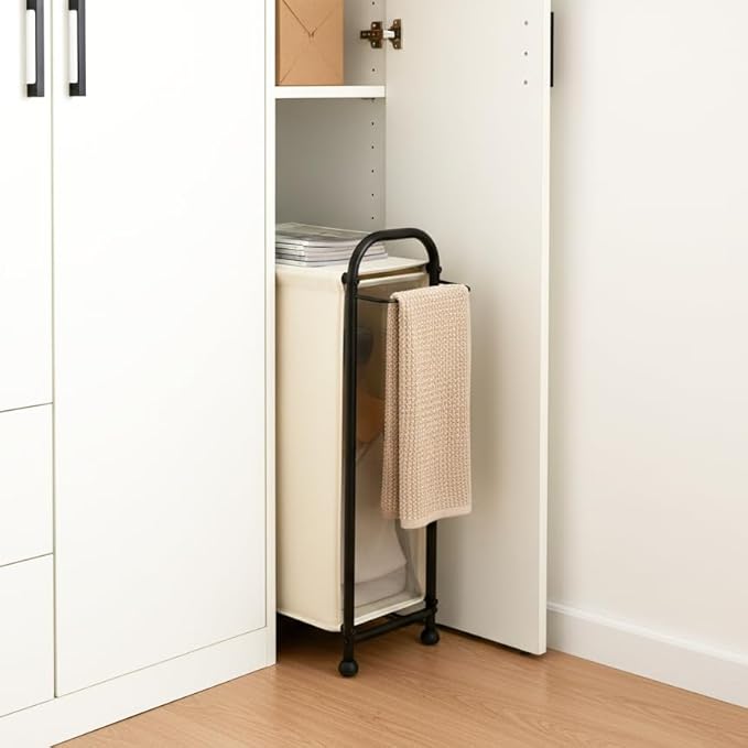 StorageWorks Slim Laundry Hamper with Flip Lid, Narrow Laundry Basket with Hooks, Breathable Mesh Clothes Organizer for Closet, Laundry Room, Bathroom, Beige