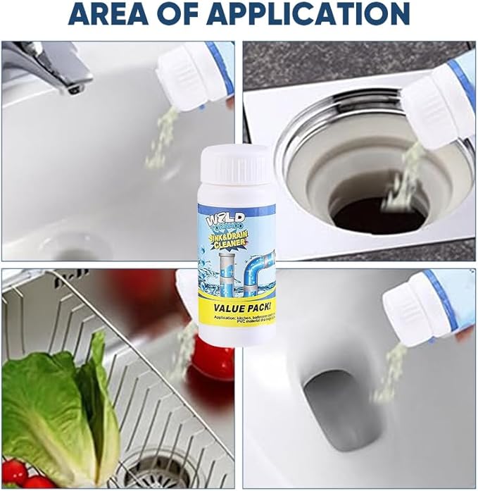 Saker Powerful Sink and Drain Cleaner Powder | Rapid-Foam Fast-Acting Pipe Declogger for Kitchen, Bathroom, Toilet & Shower Drains (3 PCS)