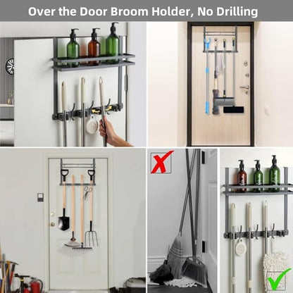 Broom Holder Over The Door Over Door Broom and Mop Rack Over The Door Hooks Organizer With4 Slots & 3 Hooks 1 Storage Basket For Laundry Room, Garage, Closet, Kitchen Decor (grey)