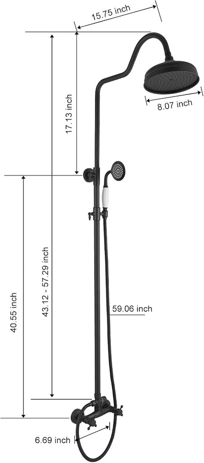 BWE Matte Black Shower Kit Exposed Shower System 8-Inch Rainfall Shower Head with Handheld Spray High Pressure Double Cross Knobs Shower Fixture Wall Mount