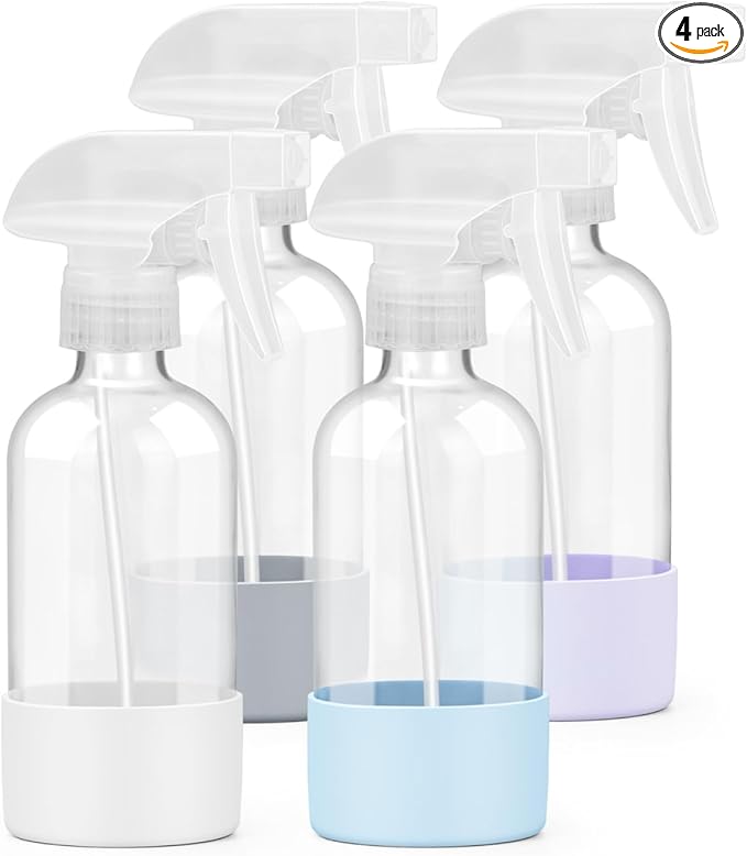 4 Pack Glass Spray Bottles 8 oz, Empty Refillable Containers with Silicone Sleeve Protection, Glass Spray Bottles for Cleaning Solutions, Hair and Plants with Adjustable Nozzles Blue+White+Purple+Grey
