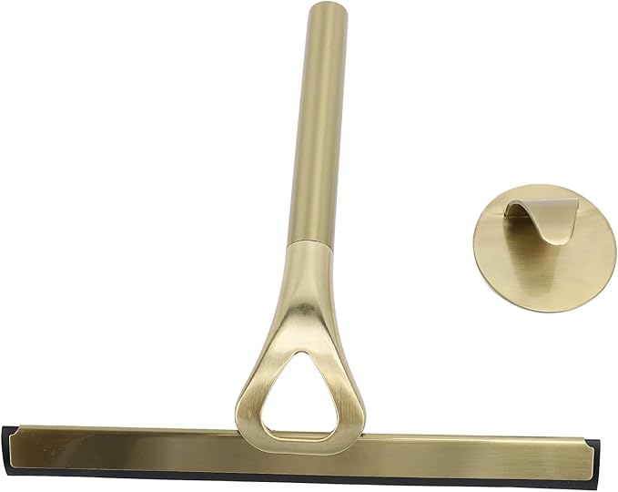 CHICIRIS 304 Stainless Steel Shower Squeegee, All Purpose Bathroom Cleaner Tool for Shower Glass Door Tile Wall Mirror Car, with Silicone Wiper and Suction Cup Hook (Gold)
