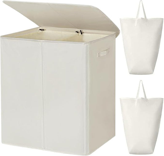 WOWLIVE 180L Double Laundry Hamper with Lid and Removable Laundry Bags, Large Dirty Clothes Hamper 2 section Collapsible Laundry Basket Dorm Room Storage for Bedroom, Bathroom, College,Beige