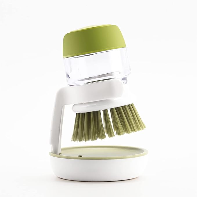 Dish Brush with Soap Dispenser, Dishwashing Kitchen Scrub Brushes Dish Scrubber with Holder Drip Tray, for Cleaning Pan, Pot, Sink