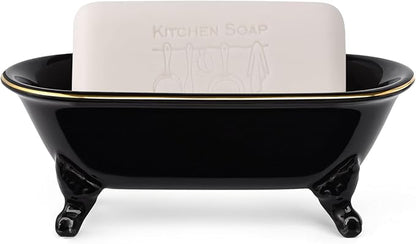 6.5" Ceramic Mini Decorative Clawfoot Bathtub Bar Soap Dish, Kitchen Sponge Holder and Shower Tray for Bathroom, 1 Pack (Black Gold Rim)