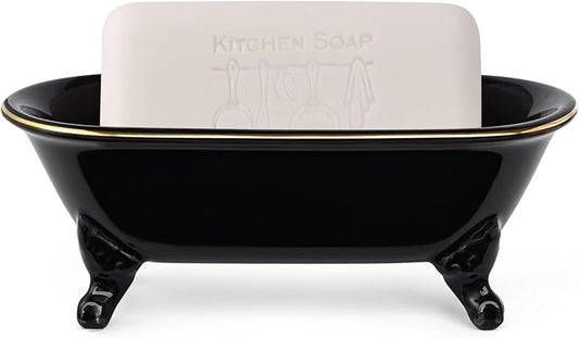 6.5" Ceramic Mini Decorative Clawfoot Bathtub Bar Soap Dish, Kitchen Sponge Holder and Shower Tray for Bathroom, 1 Pack (Black Gold Rim)