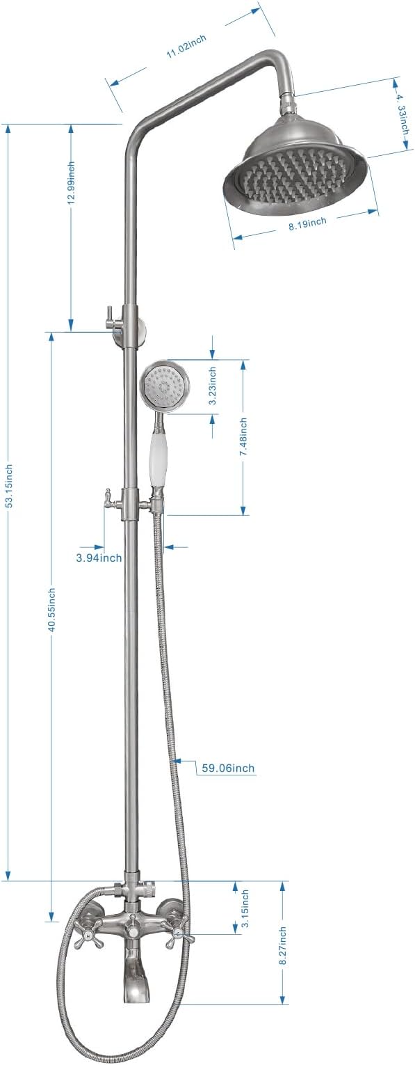 BWE Brushed Nickel Shower Faucet Set 8-Inch Rain Shower Head Handheld Sprayer and Rotatable Tub Spout Triple Function Wall Mount Shower Fixture Combo System Stainless Steel
