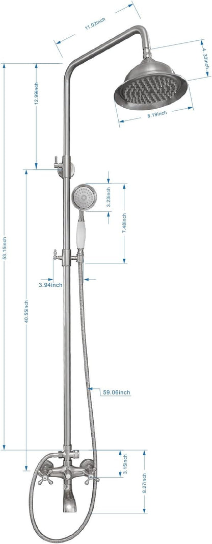 BWE Brushed Nickel Shower Faucet Set 8-Inch Rain Shower Head Handheld Sprayer and Rotatable Tub Spout Triple Function Wall Mount Shower Fixture Combo System Stainless Steel