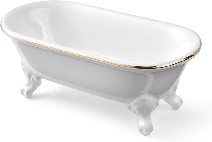 6.5" Ceramic Mini Decorative Clawfoot Bathtub Bar Soap Dish, Kitchen Sponge Holder and Shower Tray for Bathroom, 1 Pack (White Gold Rim)