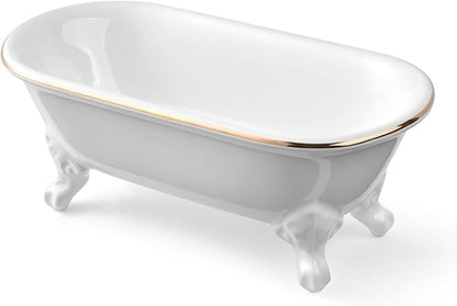 6.5" Ceramic Mini Decorative Clawfoot Bathtub Bar Soap Dish, Kitchen Sponge Holder and Shower Tray for Bathroom, 1 Pack (White Gold Rim)