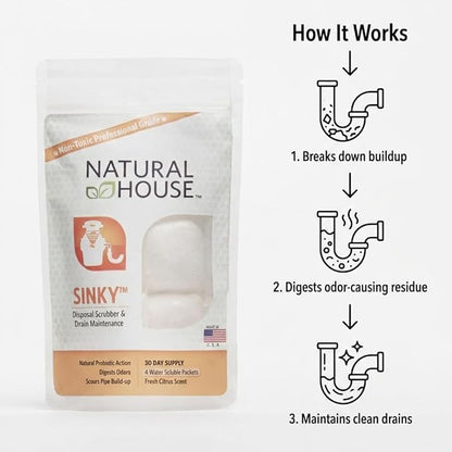 Natural House Sinky - Probiotic Garbage Disposal & Drain Cleaner Pods - Breaks Down Grease - Citrus Scent - Septic Safe - 120 Count