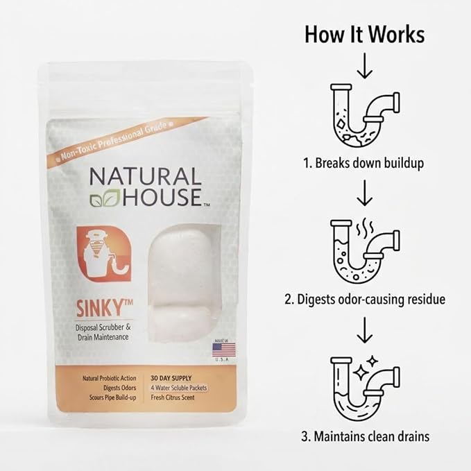 Natural House Sinky - Probiotic Garbage Disposal & Drain Cleaner Pods - Breaks Down Grease - Citrus Scent - Septic Safe - 4 Pack