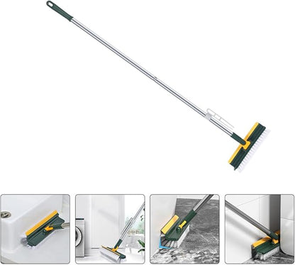 Multi-Purpose Long Handle Floor Scrub Brush with Squeegee, Stiff Bristles Bathroom Floor Scrubber for Shower and Carpet Cleaning, Green Household Cleaning Brush