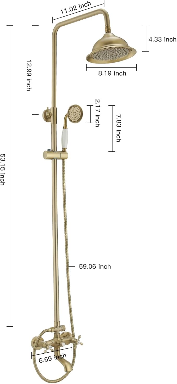 BWE Brushed Gold Triple-Function Shower Fixture Rainfall Shower Set with Adjustable Hand Sprayer and Tub Spout High Pressure Bathroom Shower Fixture Wall Mount Complete Set