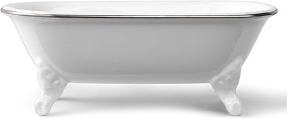 6.5" Ceramic Mini Decorative Clawfoot Bathtub Bar Soap Dish, Kitchen Sponge Holder and Shower Tray for Bathroom, 1 Pack (White Silver Rim)