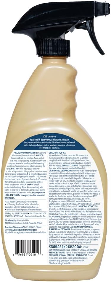 MicroGold All-Purpose Cleaner Spray Kills 99.9% of Bacteria and Viruses Bleach Free for Use in Kitchens and Bathrooms, 24 Fluid Ounces, 1 Pack