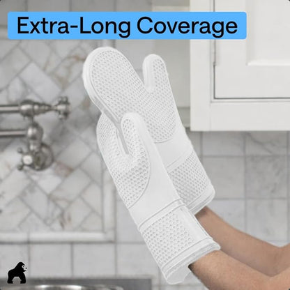 GORILLA GRIP BPA-Free Soft Silicone Oven Mitts, 14.5x8.3, Heat Resistant and Waterproof Cooking Gloves, Thick Cotton Lining, Flexible Gripping for Baking Grilling, Kitchen Potholders Set of 2, White